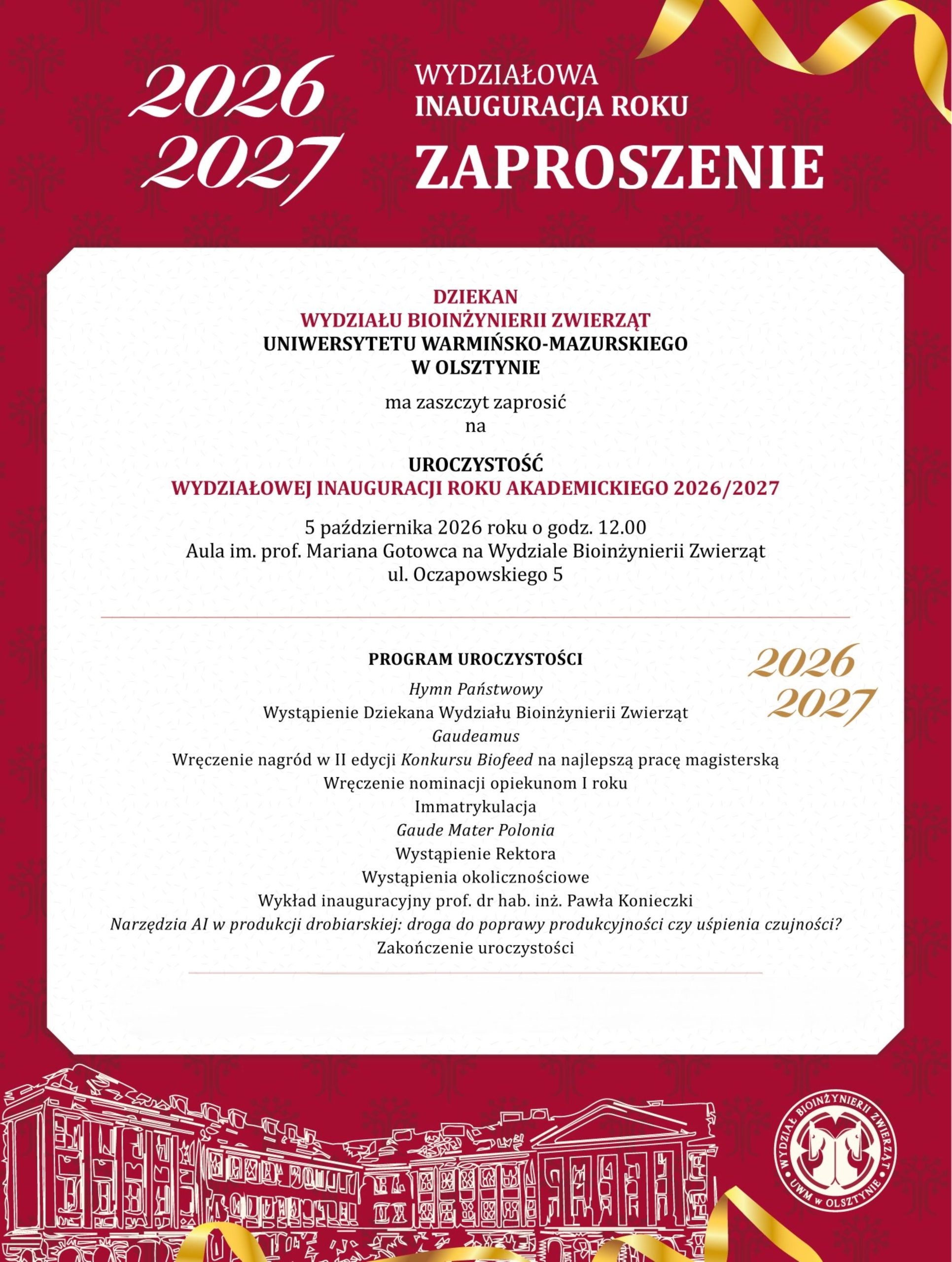 Zaproszenie na Wydziałową Inaugurację roku akademickiego
